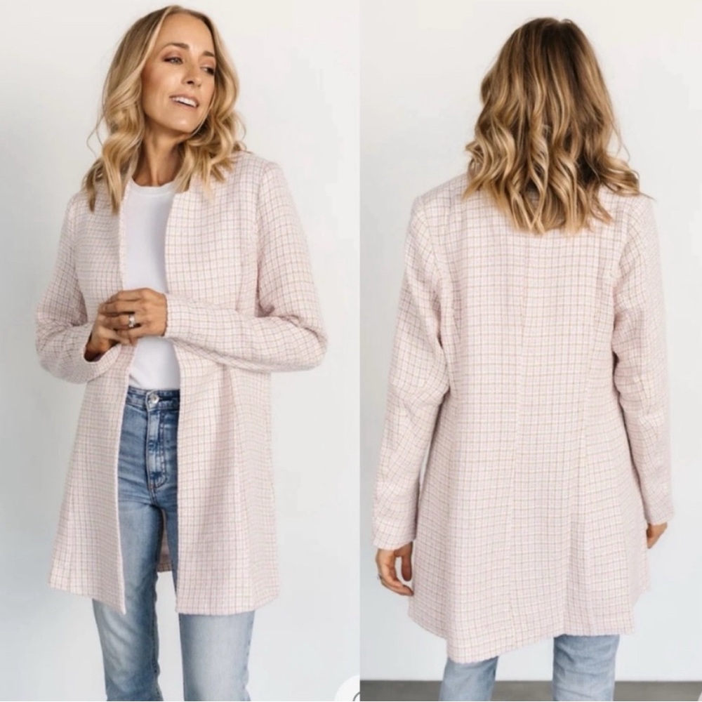 NWT Baltic Born Plaid tweed open blazer | Size Medium | pink & tan